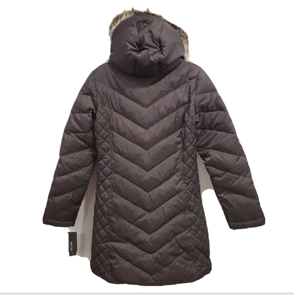 NWT Kenneth Cole Gray Faux-Fur-Trim Chevron Coat - Picture 3 of 6